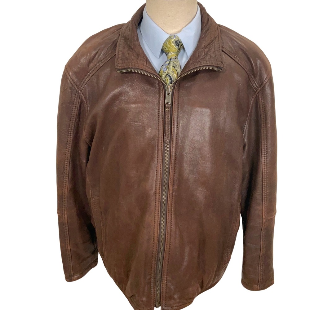 Andrew Marc NY Jacket Mens XXL Brown Leather‎ Quilted Lining Bomber Zip Aviator